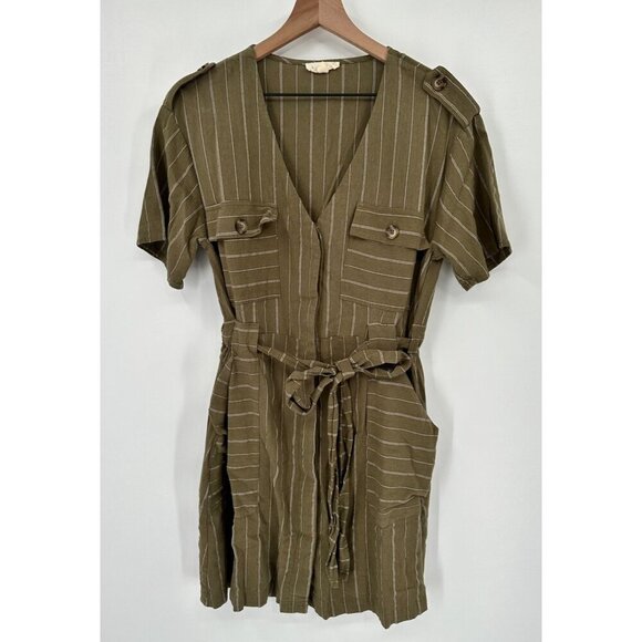 Promesa Shirt Dress Women Large Green Button Front Striped Short Sleeve Belt - Picture 1 of 11
